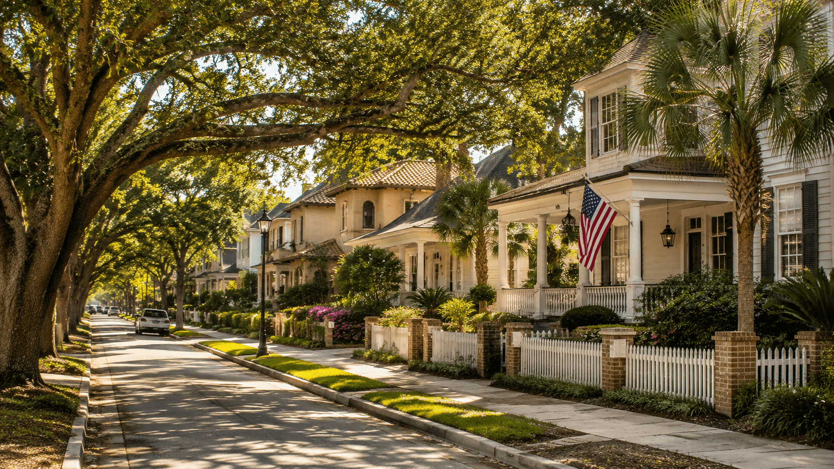 Tree-lined Pensacola street with classic Florida coastal architecture