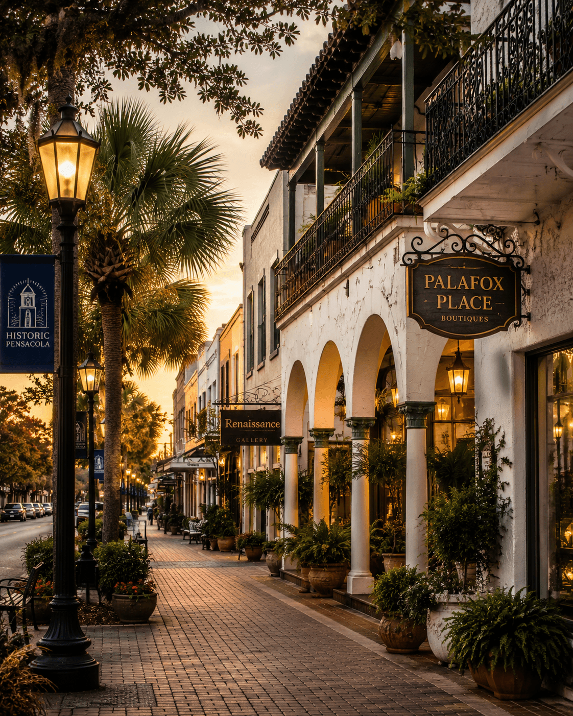 Historic downtown Pensacola street with restored architecture and palms