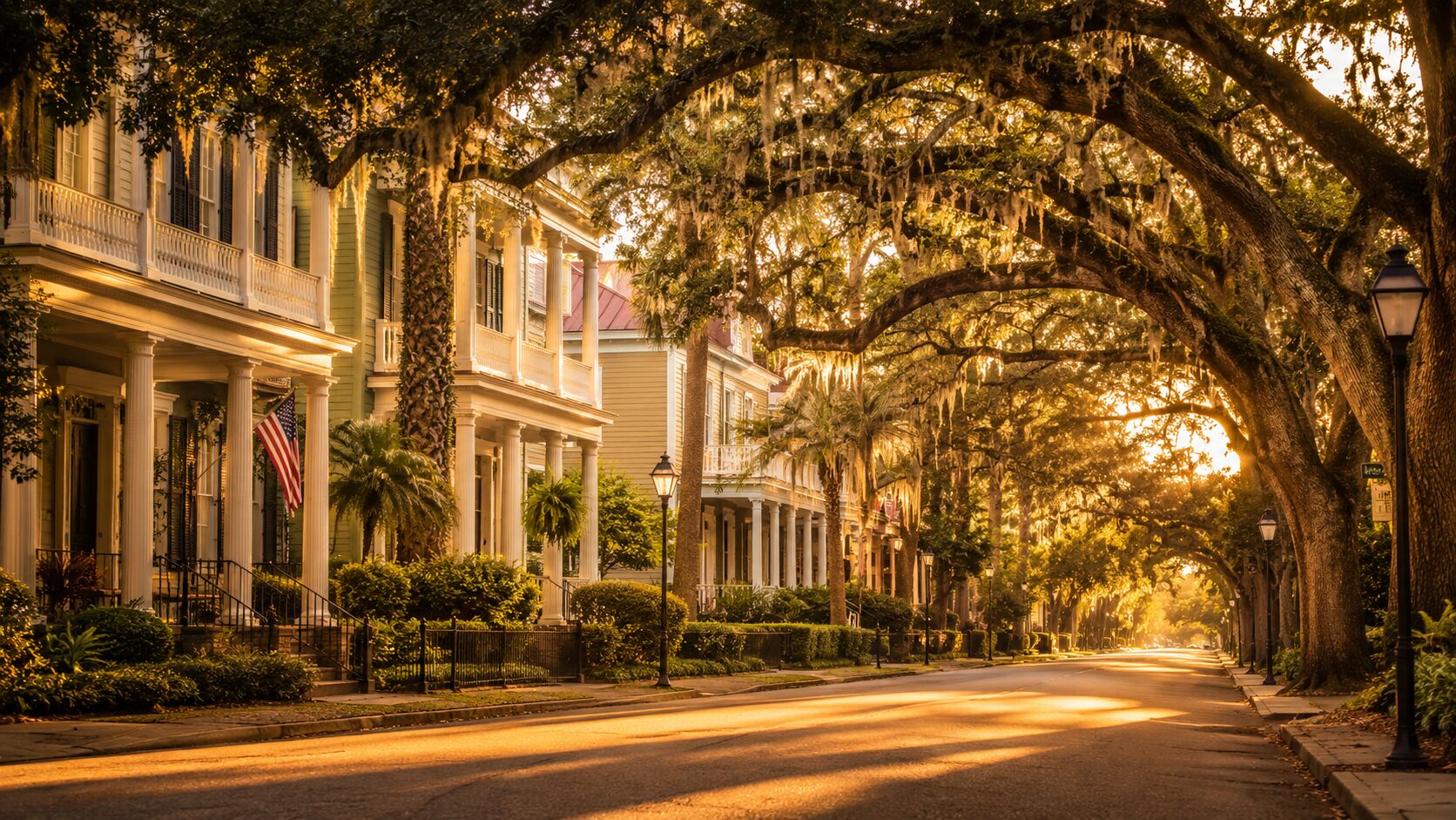 Pensacola East Hill historic neighborhood at golden hour with mature oaks