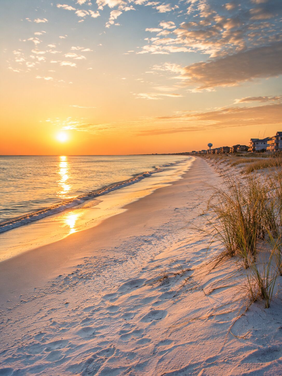 Pensacola Gulf beach with white sand at sunset