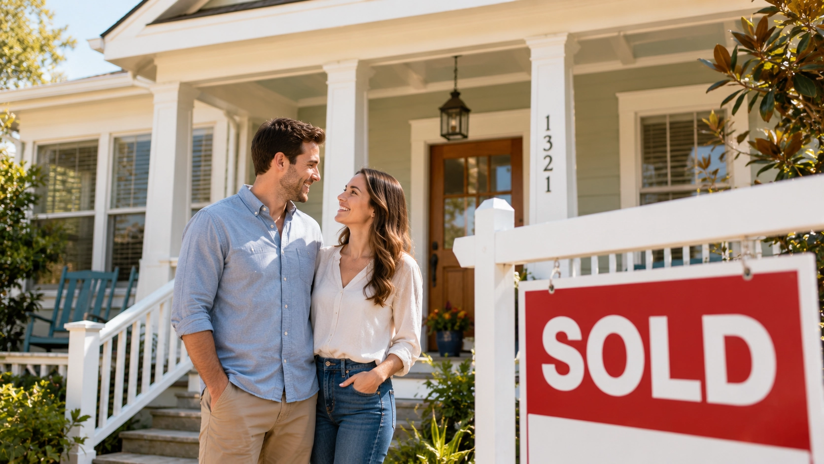 First-time homebuyer couple standing on the front porch of a Pensacola bungalow home with a sold sign in the front yard
