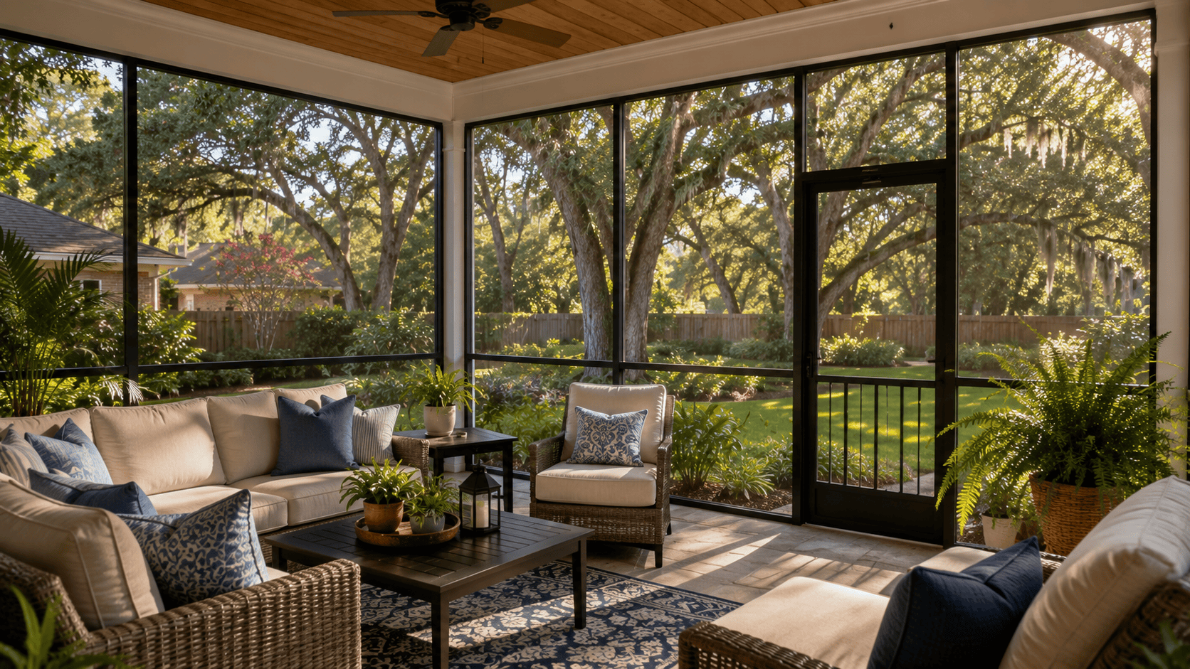 Screened lanai with comfortable outdoor furniture overlooking a lush Pensacola backyard with mature oak trees and afternoon light