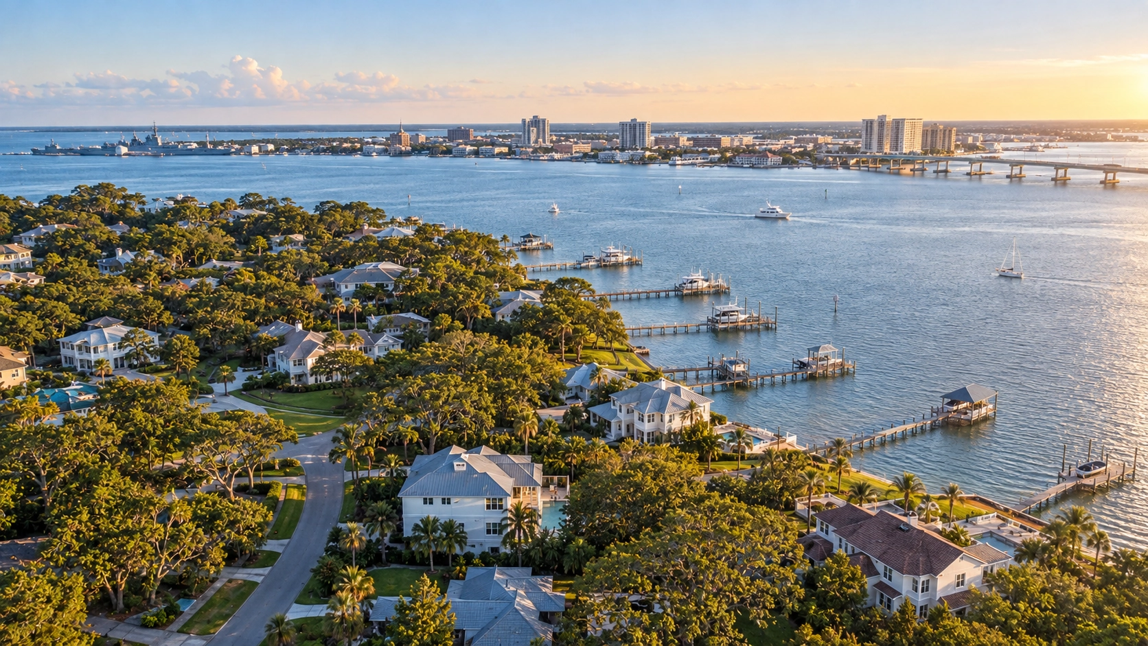 Pensacola Bay area homes with waterfront views and the Gulf Coast skyline in summer 2026